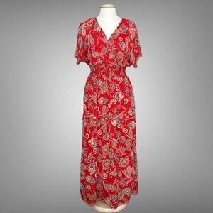 Rabbit Womens Dress 14 Red Paisley Smocked Tiered Maxi Boho Chic Country Cottage
